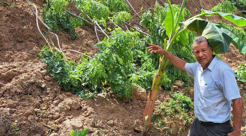 La altura del deslizamiento de tierra tenía 10 metros. Las toneladas de lodo cubrieron cultivos y pozas de piscicultura de la parcela Bendición de Dios de Luis Caraballo, cuya vivienda de dos pisos, corre inminente peligro.