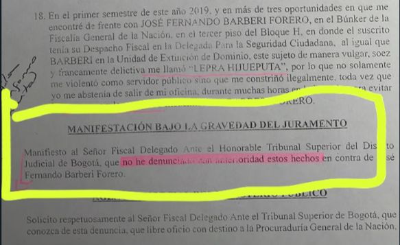 ¿Denuncia temeraria de Bejarano? «Petro y Barberi, caterva peligrosa de criminales». El juramento de Bejarano en su segunda denuncia con radicado 39640 de octubre 2019. La primera la hizo eñ 23 de abril de 2022. El documento está a disposición de las autoridades.