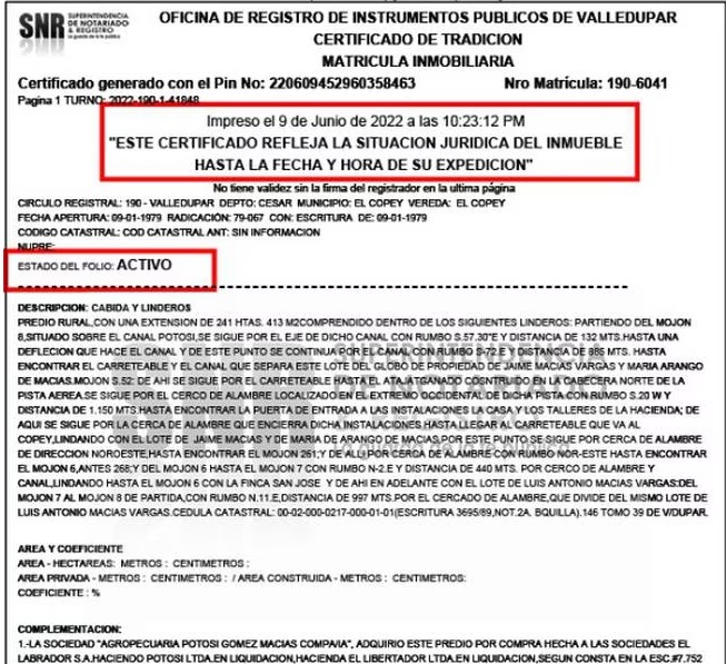 Este el mismo documento enviado por la Fiscalía Quinta Delegada ante Jueces Penales del Circuito especializados de Barranquilla a la Unidad Nacional de Extinción de Dominio