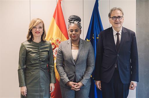 España apoya reformas y Paz Total de Petro. La ministra de Educación y Formación Profesional, Pilar Alegría, la ministra de Educación Nacional de Colombia, Aurora Vergara, y el ministro de Universidades, Joan Subirats. Prensa La Moncloa