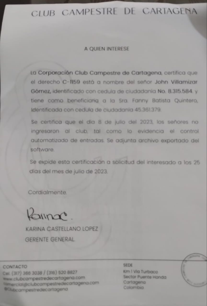 La certificación habla del 8 de julio, pero la reunión de Villamizar para proponer el complot de asesinato de Héctor Pérez fue el 6 de julio. Al día siguiente Luis Fernando Lemus, el otro implicado, viajó a Europa. Lemus, al parecer es socio de Villamizar, y  también coordinador del Comité de Convivencia.