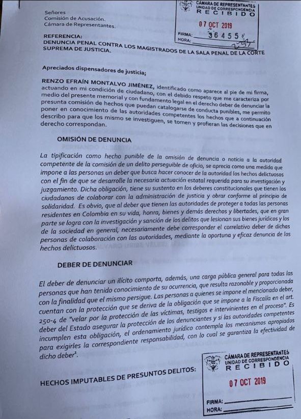 Capture de pantalla. Aquí esta el radicado de la denuncia impetrada por el abogado Renzo Montalvo contra los magistrados de la Sala Penal de la CSJ, entre ellos, José Luis Barceló. El impedimento del magistrado Barceló.
