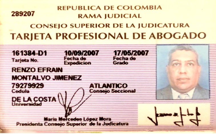 La TP expedida por el Consejo Superior de la Judicatura a nombre de Renzo Montalvo.