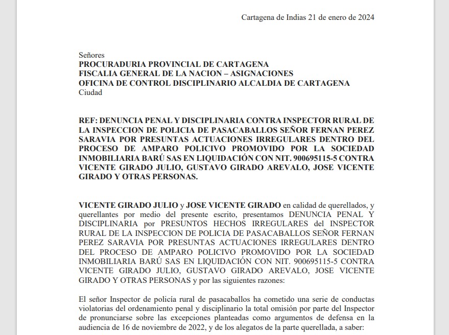 El encabezado de la denuncia contra el inspector de Policía de Pasacaballos.