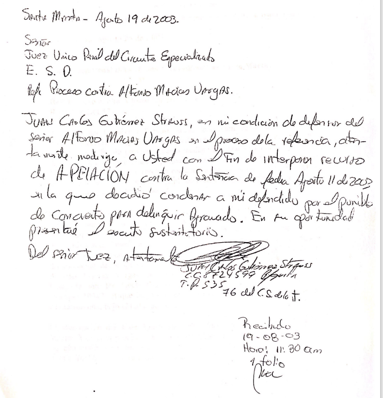 Juan Carlos Gutiérrez Strauss asistió a varios jefes paramilitares. Uno de sus clientes fue Alfonso Macía Vargas, quien usó los recursos de Palmeras de la Costa para financiar y auspiciar el paramilitarismo y sus crímenes de lesa humanidad.
