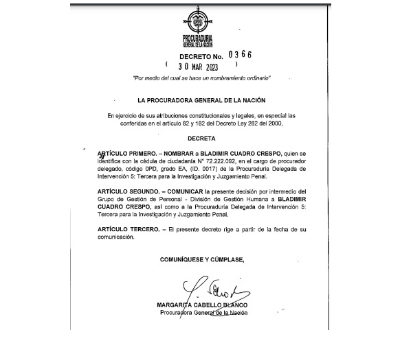 Decreto de nombramiento de Bladimiro Cuadro Crespo firmado por la procuradora Margarita Cabello.